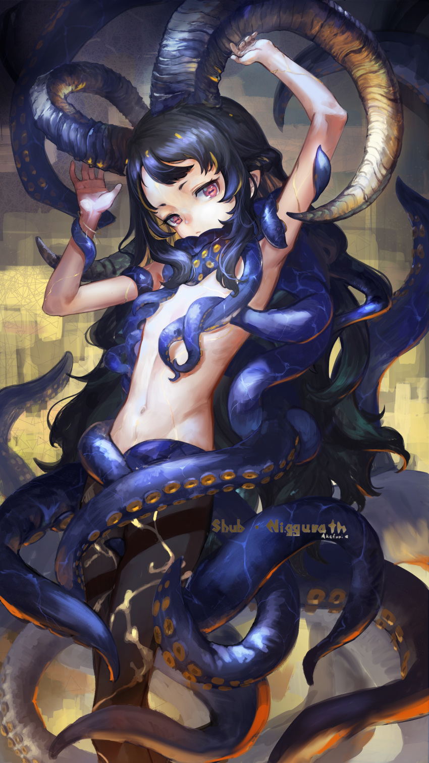 1girl absurdres akefumi arms_up black_hair black_legwear blonde_hair covering covering_breasts cthulhu_mythos expressionless feet_out_of_frame flat_chest goat_horns highres horns long_hair looking_at_viewer multicolored_hair navel orange_eyes original pantyhose shub-niggurath solo suction_cups tentacle_clothes tentacles two-tone_hair very_long_hair