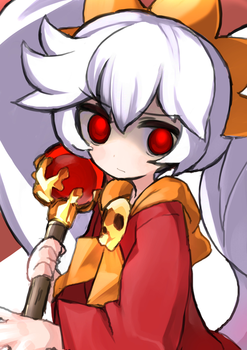1girl absurdres ashley_(warioware) bangs blush dress glowing glowing_eyes hairband highres holding long_hair long_sleeves looking_at_viewer orange_hairband red_dress red_eyes rotroto scowl simple_background skull twintails upper_body very_long_hair wand warioware white_background white_hair