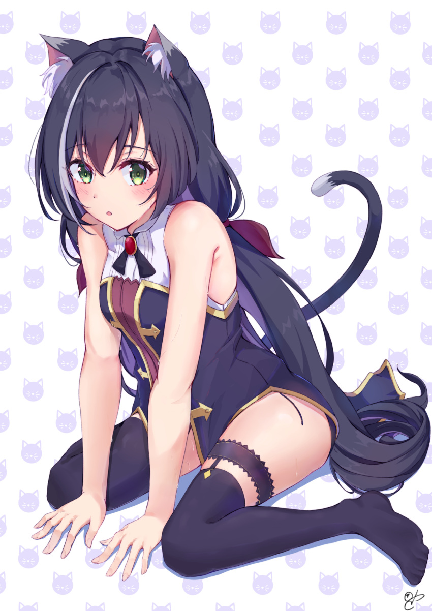 1girl 310setsu animal_ear_fluff animal_ears bare_shoulders between_legs black_hair black_legwear black_panties blush cat_ears cat_girl cat_tail eyebrows_visible_through_hair green_eyes hair_between_eyes halter_top halterneck hand_between_legs hands_on_ground highres jewelry karyl_(princess_connect!) long_hair looking_at_viewer multicolored_hair no_pants no_shoes panties pendant princess_connect! side-tie_panties simple_background sitting solo streaked_hair tail thigh-highs thigh_strap two-tone_hair underwear wariza white_background white_hair