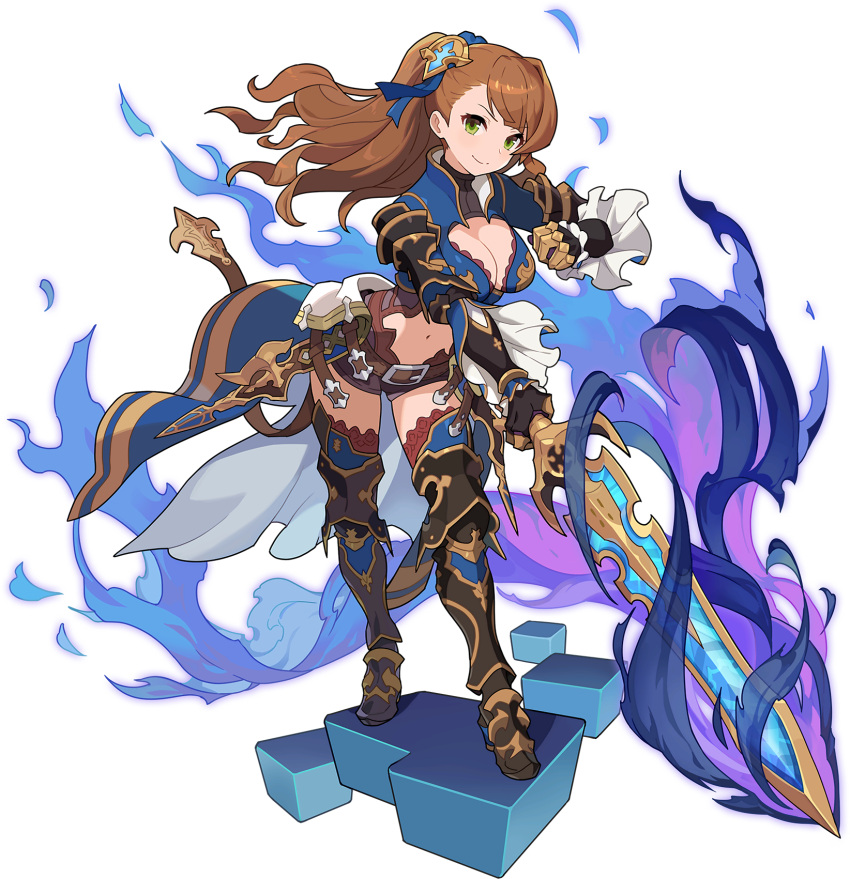 1girl armor armored_boots artist_request asymmetrical_bangs aura bangs beatrix_(granblue_fantasy) belt blue_legwear blue_ribbon blue_vest blush boots breasts brown_footwear brown_hair brown_jumpsuit closed_mouth clothing_cutout cube eyebrows_visible_through_hair faulds full_body gauntlets granblue_fantasy green_eyes hair_ornament hair_ribbon hand_up happy highres holding holding_sword holding_weapon knee_pads large_breasts leaning_forward light_blush long_hair looking_at_viewer navel non-web_source official_art outstretched_arm ponytail ribbon shiny shiny_hair short_jumpsuit shoulder_armor smile solo standing stomach stomach_cutout sword thigh-highs tied_hair transparent_background v-shaped_eyebrows vambraces vest waist_cape weapon world_flipper