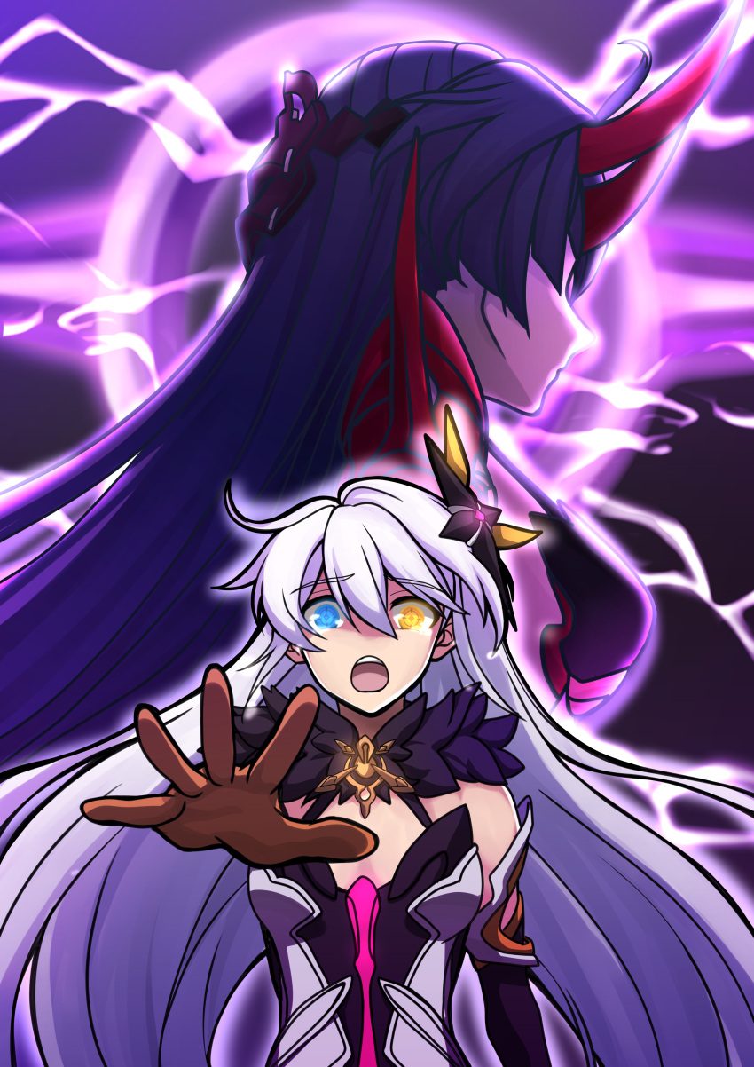 2girls :o absurdres antenna_hair asymmetrical_gloves bangs bare_shoulders black_gloves blue_eyes closed_mouth electricity gloves hair_between_eyes hair_ornament heterochromia highres honkai_(series) honkai_impact_3rd horns kaixuan_lushang kiana_kaslana kiana_kaslana_(herrscher_of_the_void) long_hair looking_at_viewer mismatched_gloves multiple_girls open_mouth orange_gloves outstretched_arm purple_hair raiden_mei raiden_mei_(herrscher_of_thunder) tears teeth uneven_gloves white_hair yellow_eyes