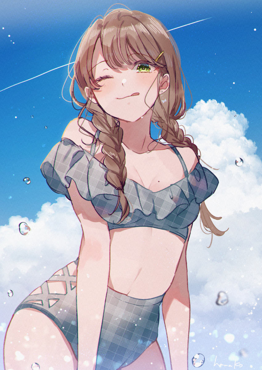1girl :p bangs blue_sky blush braid breasts clouds cross-laced_clothes cross-laced_swimsuit frilled_swimsuit frills from_below green_eyes hair_ornament hairclip hanako151 highres looking_at_viewer mole mole_on_breast off_shoulder one_eye_closed original outdoors plaid plaid_swimsuit sky smile solo swimsuit tongue tongue_out twin_braids twintails