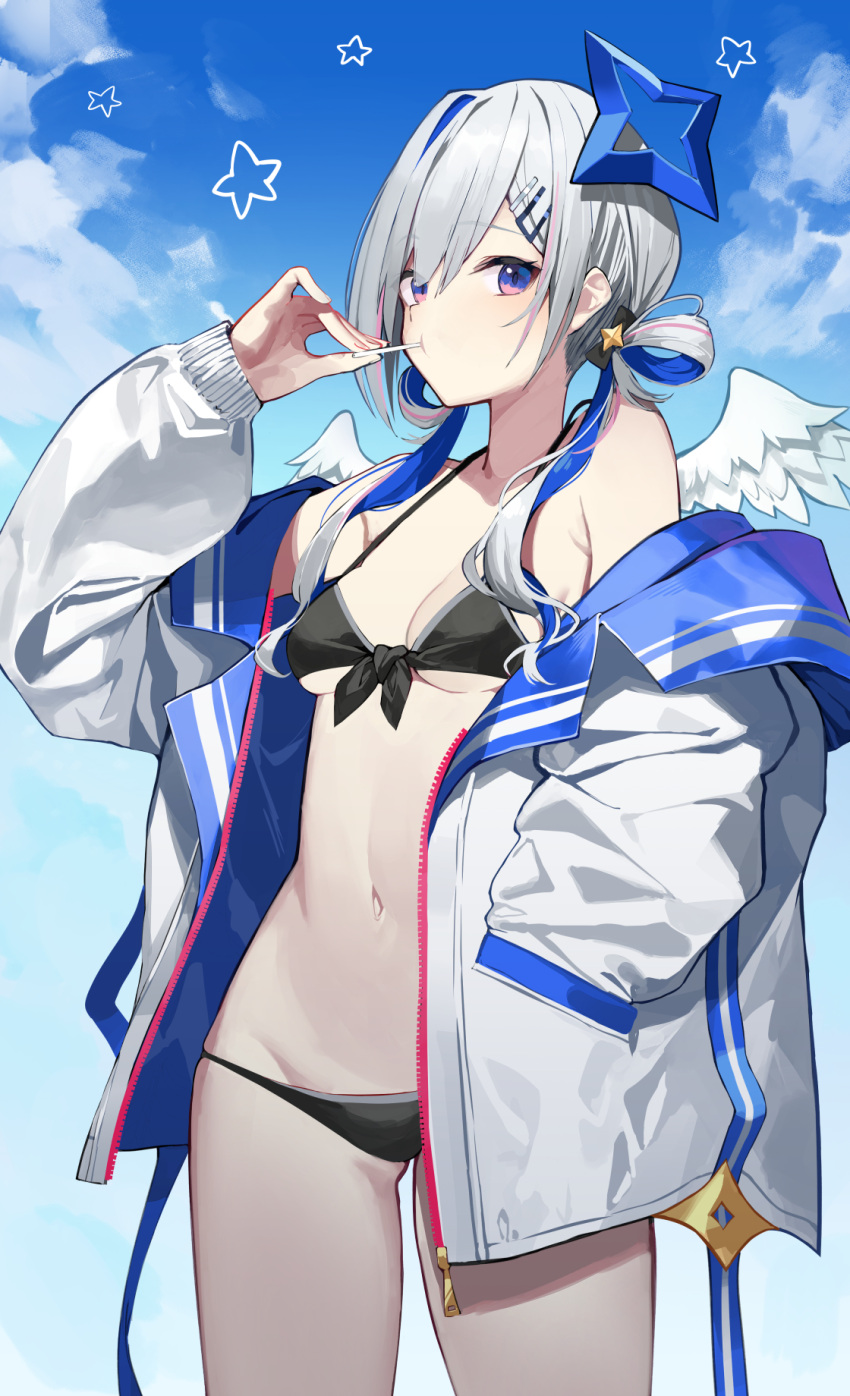 1girl amagasa_yun amane_kanata angel_wings bangs bare_shoulders bikini black_bikini blue_eyes blue_hair blue_sky breasts candy clouds colored_inner_hair commentary cowboy_shot day eyebrows_visible_through_hair eyes_visible_through_hair food food_in_mouth front-tie_bikini front-tie_top hair_ornament hair_rings hairclip halo hand_in_pocket highres holding holding_candy holding_food holding_lollipop hololive jacket lollipop long_hair long_sleeves looking_at_viewer medium_breasts mouth_hold multicolored_hair navel off_shoulder open_clothes open_jacket pink_hair puffy_long_sleeves puffy_sleeves silver_hair sky solo standing star_(symbol) star_halo stomach streaked_hair string_bikini swimsuit twintails unzipped virtual_youtuber white_jacket white_wings wings zipper zipper_pull_tab
