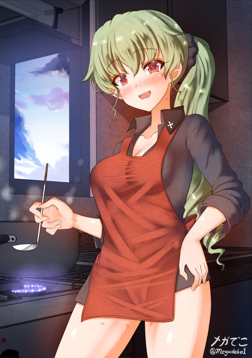 1girl alternate_hairstyle anchovy_(girls_und_panzer) apron aquaegg artist_name bangs black_scrunchie blue_sky blush breasts clouds cloudy_sky commentary cowboy_shot day dress_shirt eyebrows_visible_through_hair girls_und_panzer green_hair grey_shirt hair_ornament hair_scrunchie hand_on_hip highres holding indoors insignia kuromorimine_school_uniform long_hair long_sleeves looking_at_viewer medium_breasts no_pants open_mouth ponytail pot red_apron red_eyes school_uniform scrunchie shirt signature single_drill sky sleeves_rolled_up smile solo standing stove sweat twitter_username window