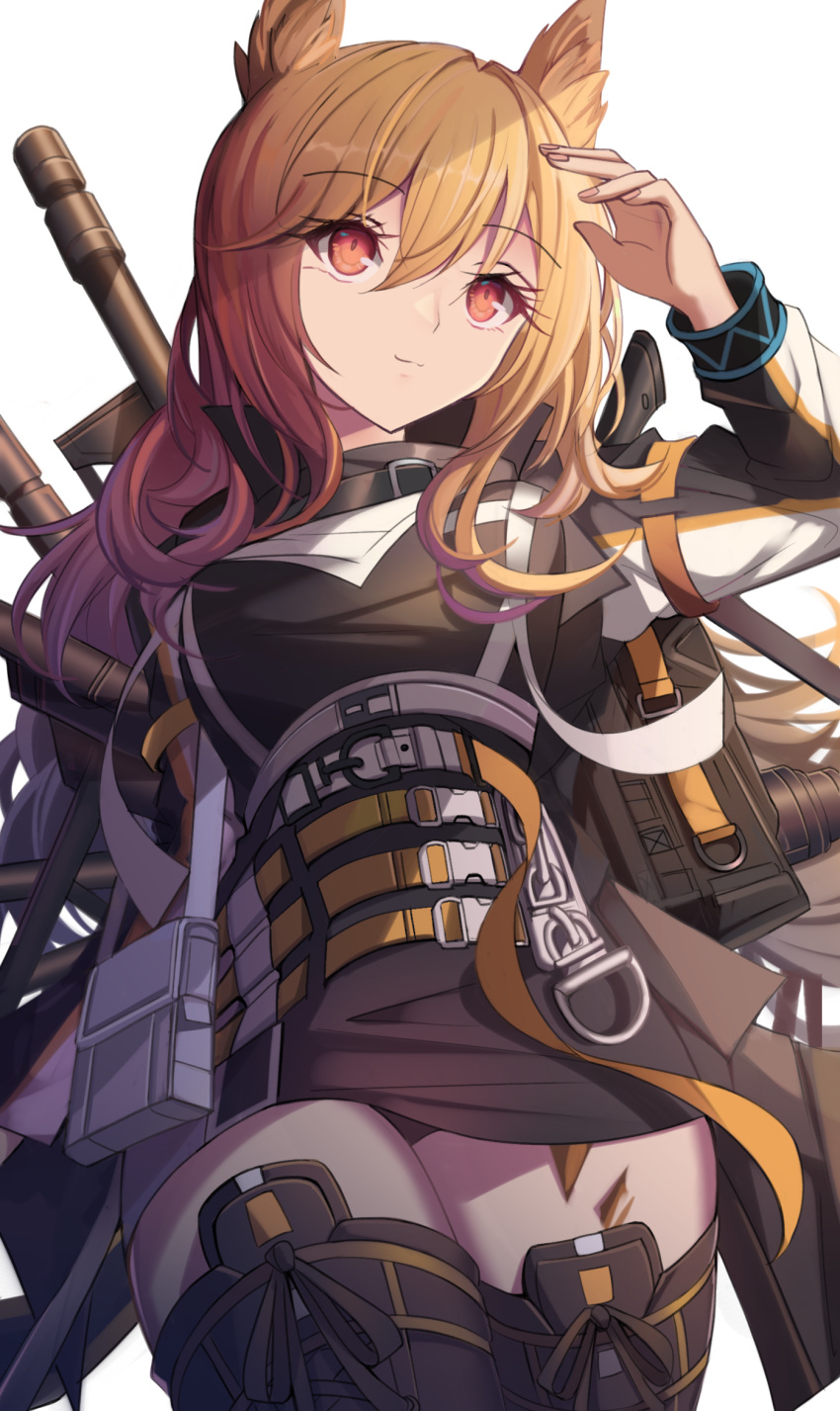 1girl animal_ears arknights arm_at_side arm_up backpack bag bangs belt belt_buckle black_ribbon buckle ceobe_(arknights) chain closed_mouth collar commentary dog_ears dress eyebrows_visible_through_hair eyes_visible_through_hair from_below hair_down highres light_brown_hair light_smile long_hair long_sleeves looking_afar pouch red_eyes ribbon shading_eyes short_dress simple_background solo strap stratoz thigh-highs weapon white_background