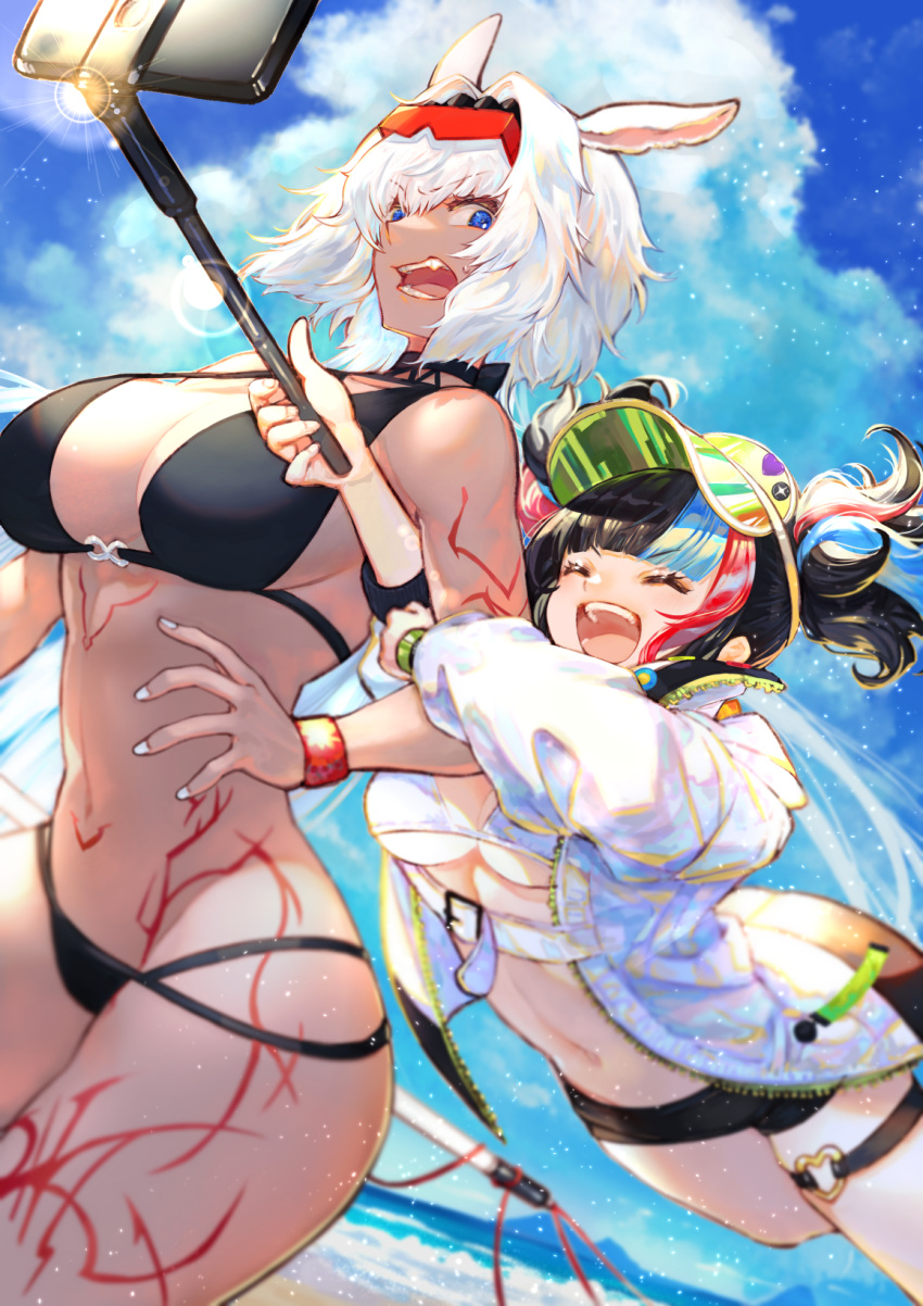 2girls animal_ears arm_grab beach bikini black_bikini black_hairband blue_eyes breasts buckle caenis_(fate) caenis_(swimsuit_rider)_(fate) closed_eyes clouds cloudy_sky dark-skinned_female dark_skin eyebrows_visible_through_hair eyewear_on_head fate/grand_order fate_(series) hairband highres jacket jumping large_breasts looking_back multicolored_hair multiple_girls nail_polish navel ocean open_mouth romayasu sand sei_shounagon_(fate) sei_shounagon_(swimsuit_berserker)_(fate) selfie_stick sky sunglasses swimsuit tattoo thigh_strap tongue twintails visor_cap water white_hair white_nails wristband