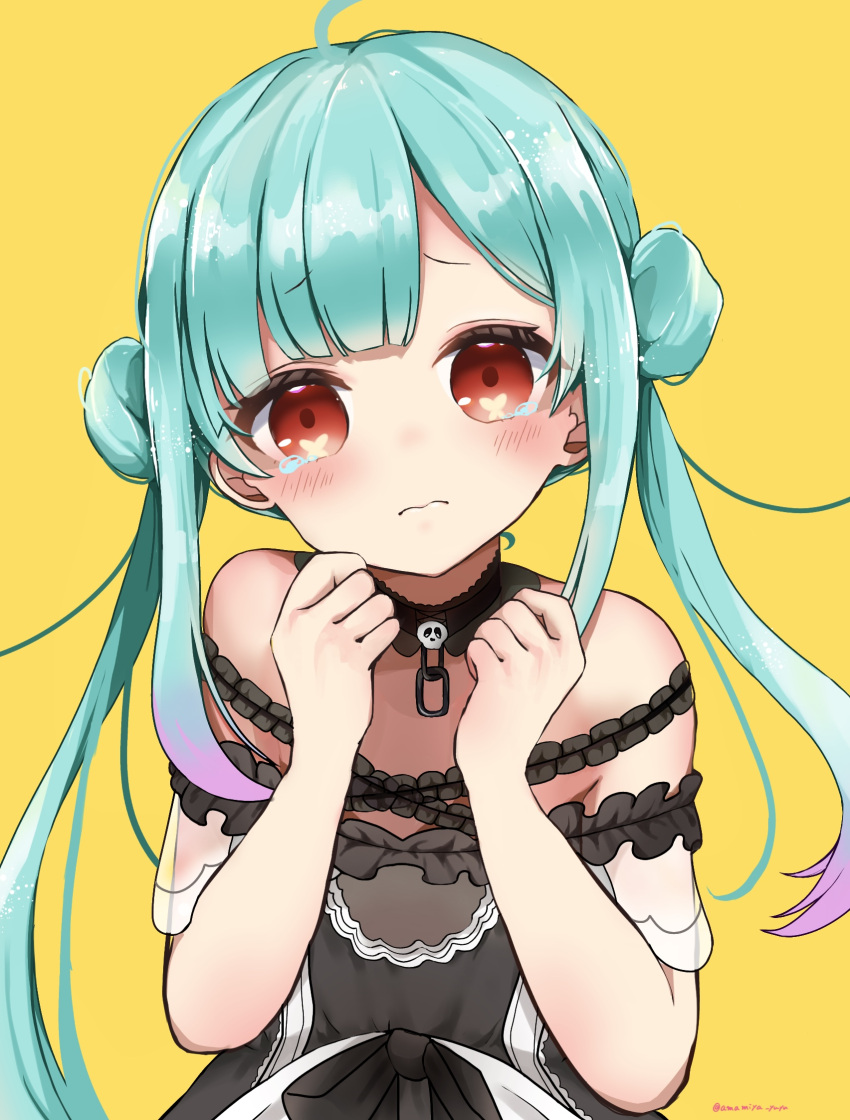 1girl ahoge amamiya_yuyu aqua_hair asymmetrical_hair bare_shoulders black_choker black_dress blush choker clenched_hands double_bun dress flat_chest frilled_dress frilled_straps frills gradient_hair highres hololive lace lace_choker long_hair looking_at_viewer multicolored_hair off-shoulder_dress off_shoulder pink_hair red_eyes short_sleeves sidelocks solo tearing_up twintails twitter_username uneven_twintails upper_body uruha_rushia virtual_youtuber w_arms yellow_background