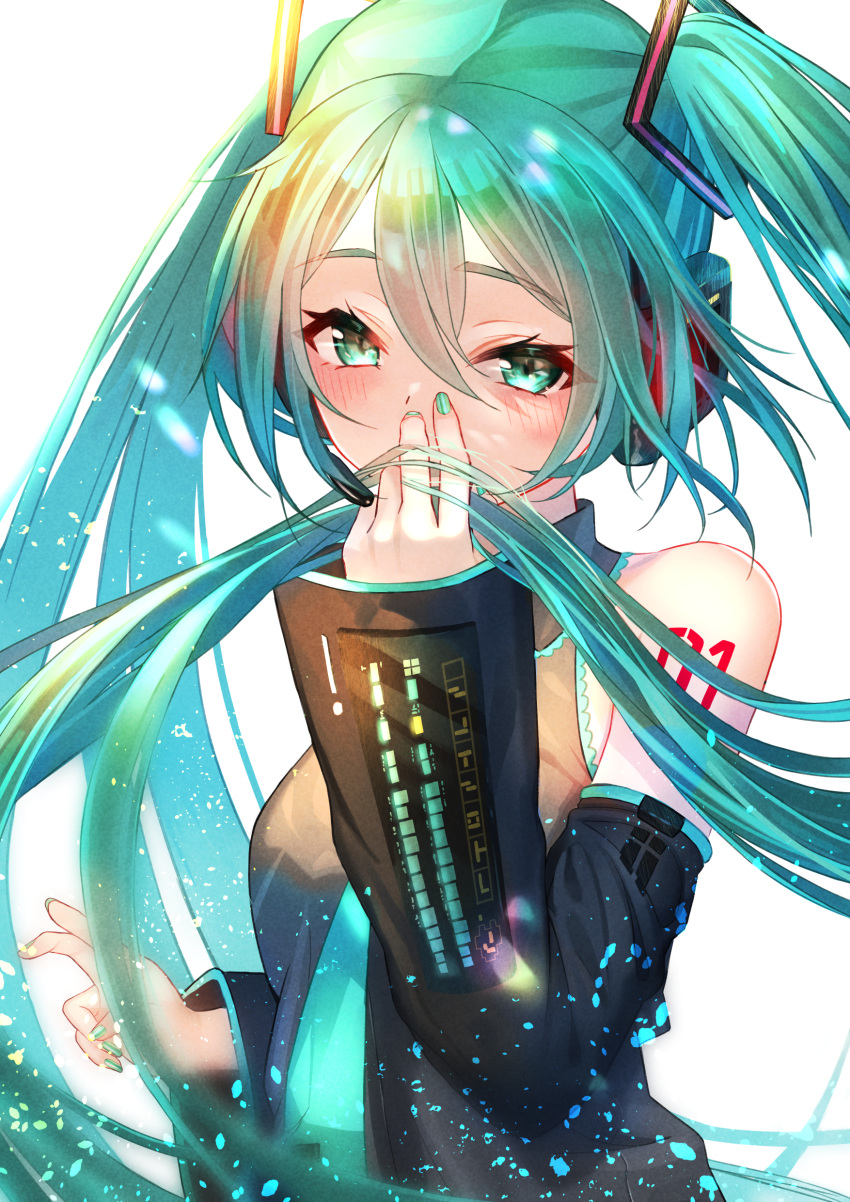 1girl absurdres aqua_eyes aqua_hair aqua_nails aqua_neckwear covered_mouth detached_sleeves grey_shirt hair_ornament haku_u_0818 halterneck hand_up hatsune_miku headset highres holding holding_hair long_hair looking_at_viewer nail_polish necktie shirt simple_background sleeveless sleeveless_shirt solo tattoo very_long_hair vocaloid white_background