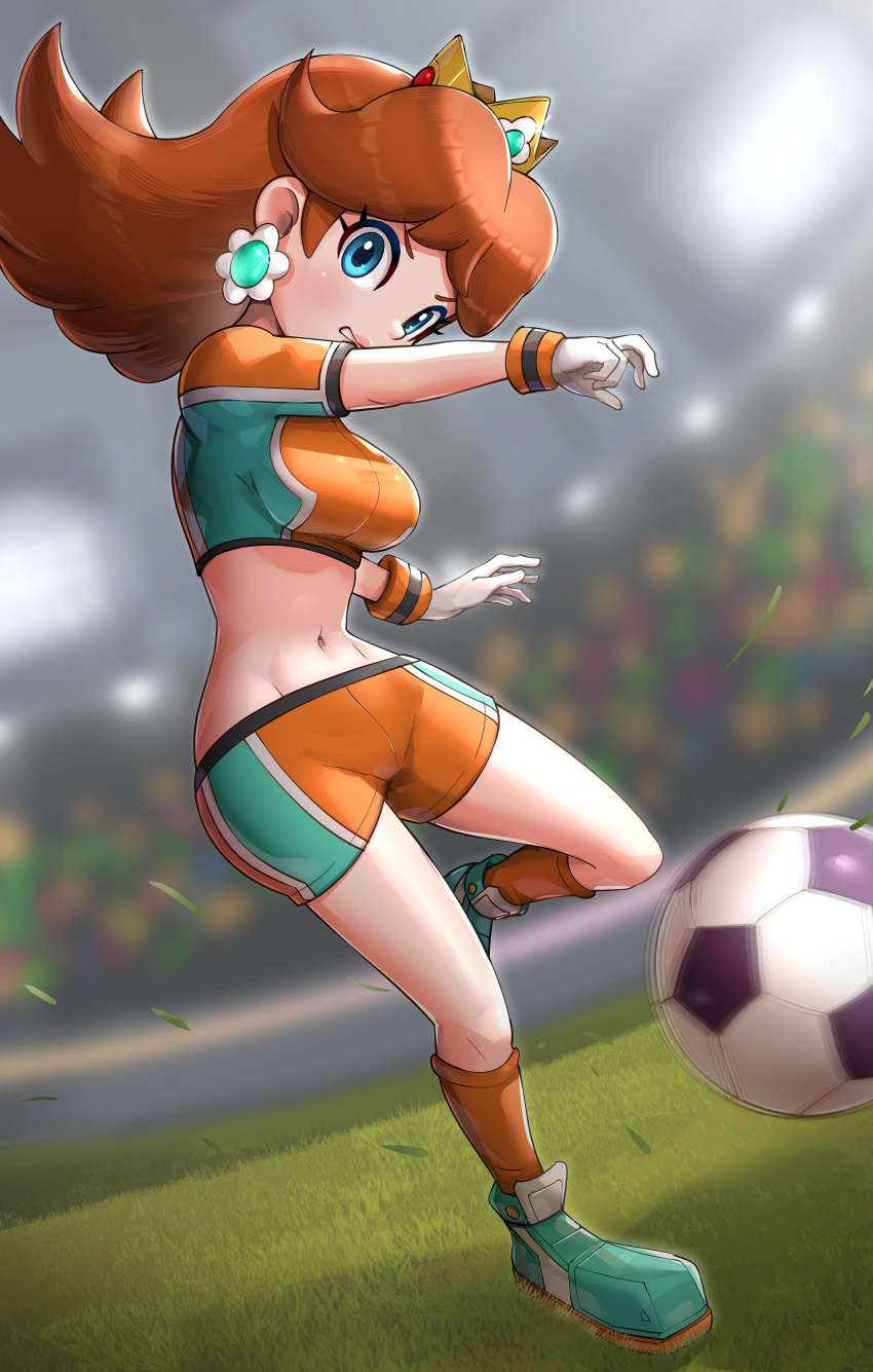 1girl absurdres ball blurry blurry_background breasts brown_hair cleats commentary_request crop_top crown earrings full_body gloves gonzarez grass green_eyes highres jewelry kicking large_breasts long_hair playing_sports princess_daisy shoes short_shorts short_sleeves shorts soccer soccer_ball soccer_field soccer_uniform socks solo sport sportswear stadium stadium_lights super_mario_bros. taut_clothes teeth white_gloves wristband