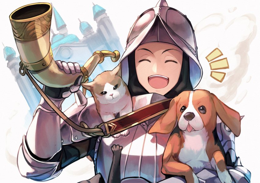 1boy animal armor black_cat calico castle cat closed_eyes dog fire_emblem fire_emblem:_three_houses fire_emblem_heroes gatekeeper_(fire_emblem) helmet highres holding holding_animal horn_(instrument) nakabayashi_zun open_mouth smile