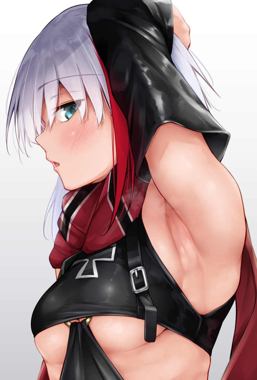 1girl admiral_graf_spee_(azur_lane) arm_behind_head armpits arms_behind_head arms_up azur_lane black_dress blush breasts clothing_cutout dress highres light_blue_eyes looking_at_viewer medium_breasts multicolored_hair open_mouth oriue_wato red_scarf scarf short_hair solo streaked_hair underboob_cutout white_hair