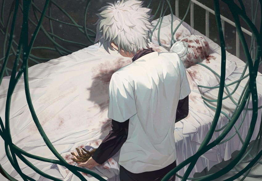 2boys 540cat bandage_on_face bandaged_head bandages bed black_shirt black_shorts blood blood_on_bandages blood_stain from_behind gon_freecss hand_grab highres hospital_bed hunter_x_hunter killua_zoldyck layered_sleeves long_sleeves looking_at_another looking_down lying messy_hair multiple_boys on_back oxygen_mask pillow plant shadow shirt short_over_long_sleeves short_sleeves shorts spiky_hair spoilers stained_sheets turtleneck upper_body vines white_hair white_shirt
