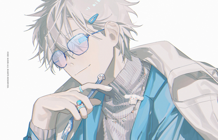 1boy bangs blue_eyes blue_jacket cinnamoroll closed_mouth fork glasses gojou_satoru hair_between_eyes hair_ornament hairclip holding holding_fork jacket jewelry jujutsu_kaisen k00s long_sleeves looking_at_viewer male_focus necklace one_eye_closed pin sanrio shirt short_hair simple_background smile solo turtleneck upper_body white_background white_hair white_shirt