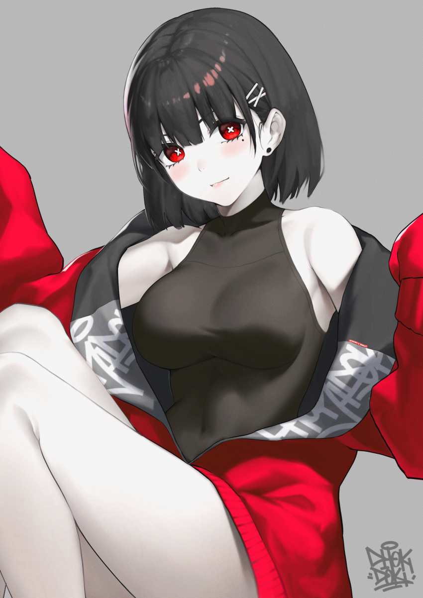 +_+ 1girl absurdres artist_name bare_legs bare_shoulders black_hair blush bob_cut breasts closed_mouth collarbone commentary_request covered_navel dhokidoki earrings feet_out_of_frame grey_background hair_ornament hairclip highres huge_filesize impossible_clothes jacket jewelry knees_up long_sleeves looking_at_viewer medium_breasts mole mole_under_eye no_pants off_shoulder original pale_skin pink_lips red_eyes red_jacket short_hair signature simple_background sitting smile solo stud_earrings x_hair_ornament