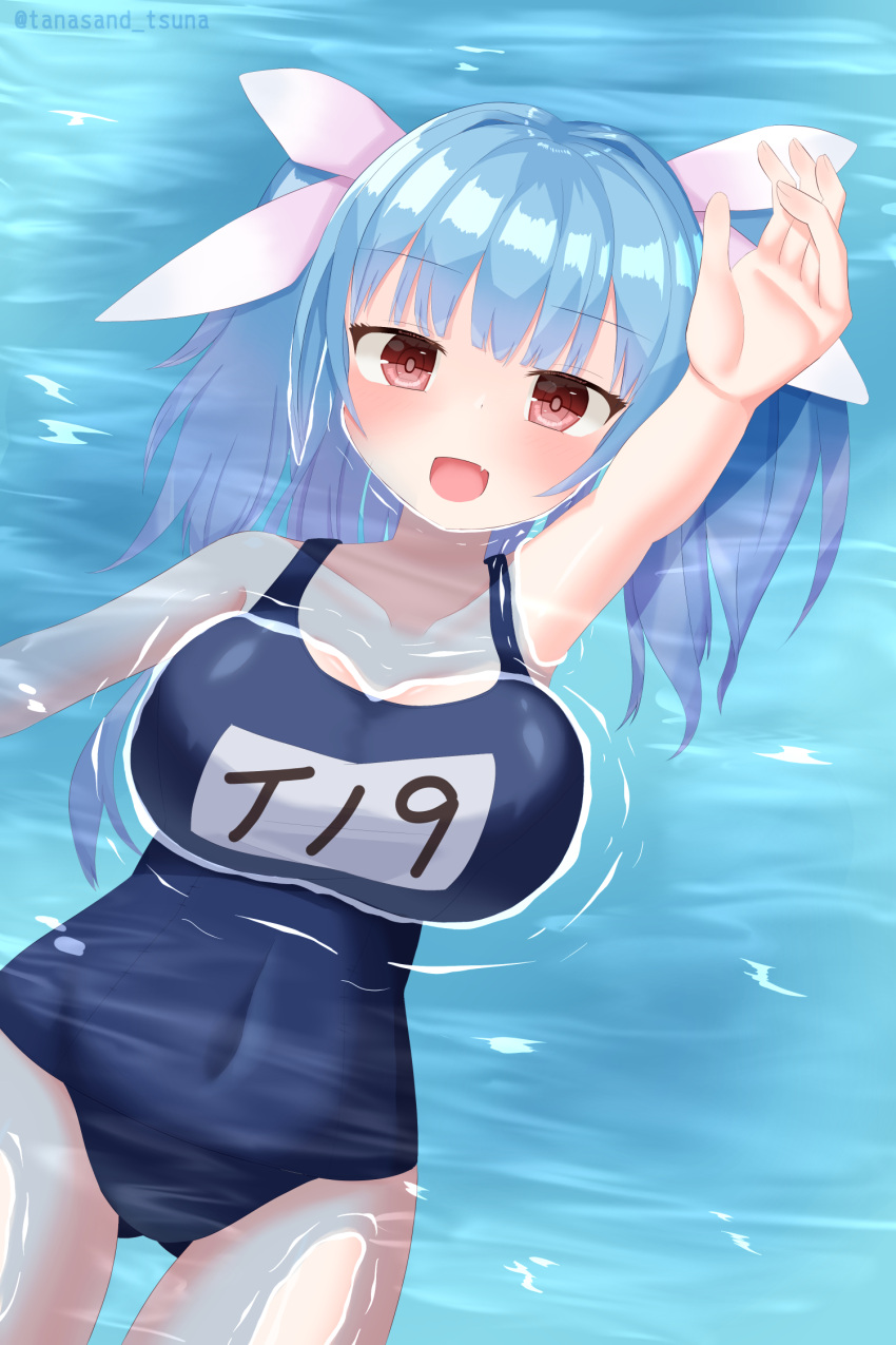 1girl afloat blue_hair blue_swimsuit breasts collarbone covered_navel day eyebrows_visible_through_hair floating flower-shaped_pupils from_above hair_ribbon highres i-19_(kancolle) kantai_collection large_breasts long_hair looking_at_viewer lying name_tag ocean old_school_swimsuit on_back one-piece_swimsuit outdoors partially_submerged red_eyes ribbon school_swimsuit smile solo swimming swimsuit symbol-shaped_pupils tri_tails tuna-nuki_tanasando water