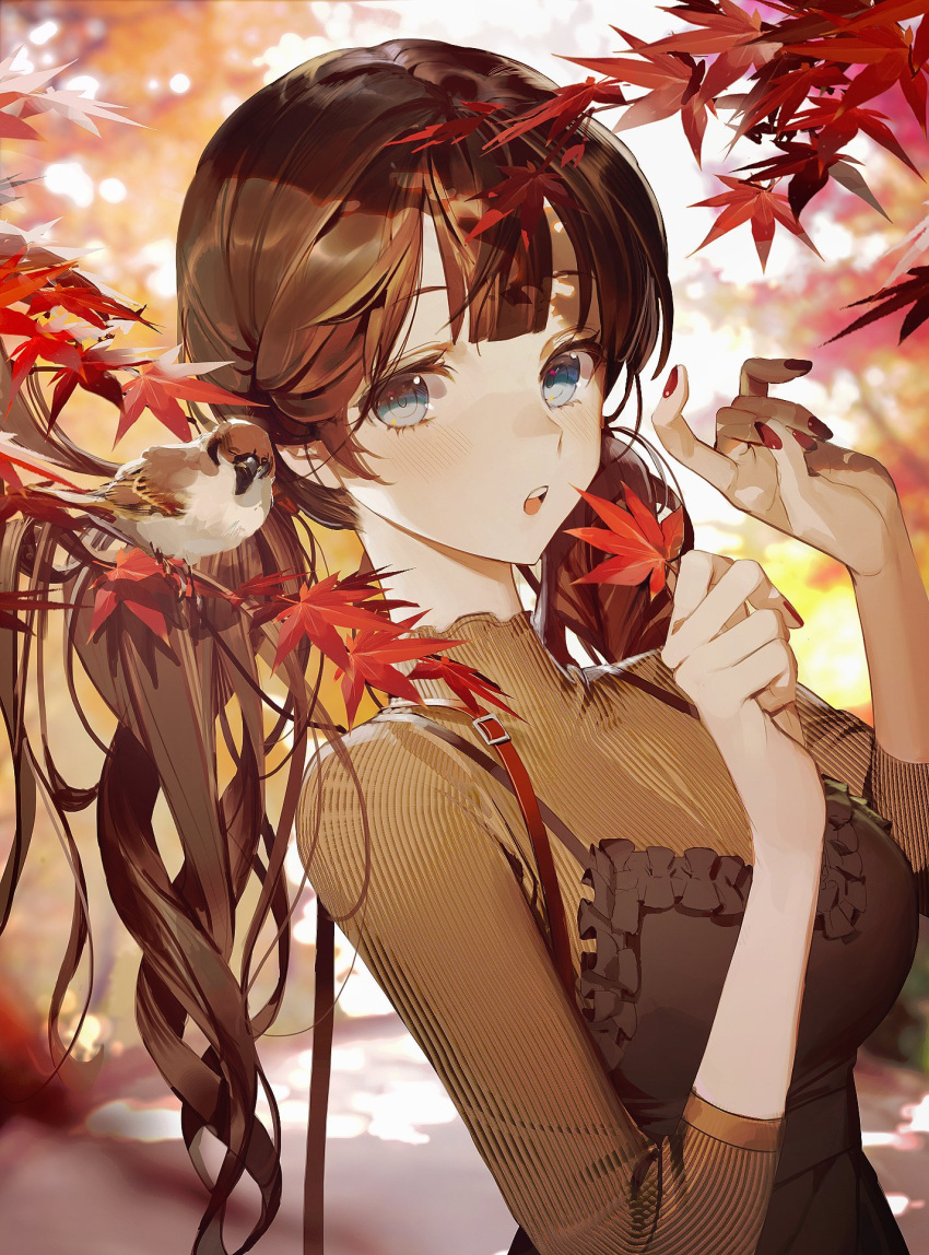 1girl animal autumn autumn_leaves bangs bird blurry blurry_background blush breasts commentary_request green_eyes hands_up highres large_breasts leaf long_arms long_hair looking_at_viewer maple_leaf nail_polish open_mouth original outdoors red_nails shycocoa sleeves_past_elbows solo twintails upper_body upper_teeth