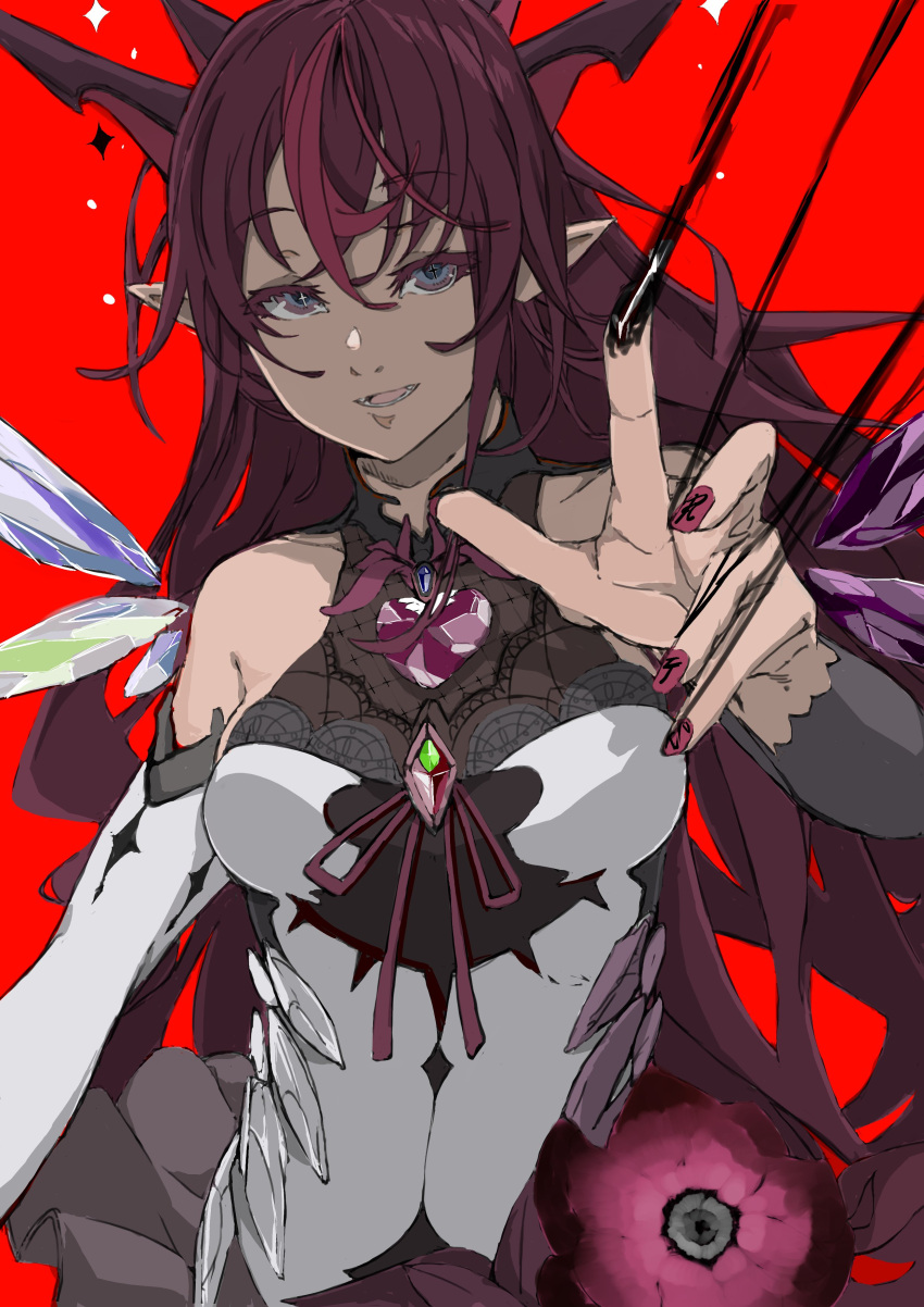 +_+ absurdres blue_eyes breasts detached_sleeves eyebrows_visible_through_hair fangs halter_top halterneck highres hololive hololive_english horns irys_(hololive) medium_breasts multicolored multicolored_eyes multiple_horns open_hand open_mouth pink_nails pointy_ears purple_hair runbu_(runbu_rnb) smile upper_body violet_eyes virtual_youtuber