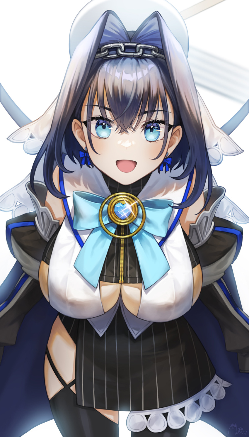 1girl :d black_hair black_legwear blue_eyes breasts chain clothing_cutout earrings highres hololive hololive_english jewelry large_breasts looking_at_viewer noixen open_mouth ouro_kronii short_hair simple_background smile solo thigh-highs underboob_cutout virtual_youtuber white_background