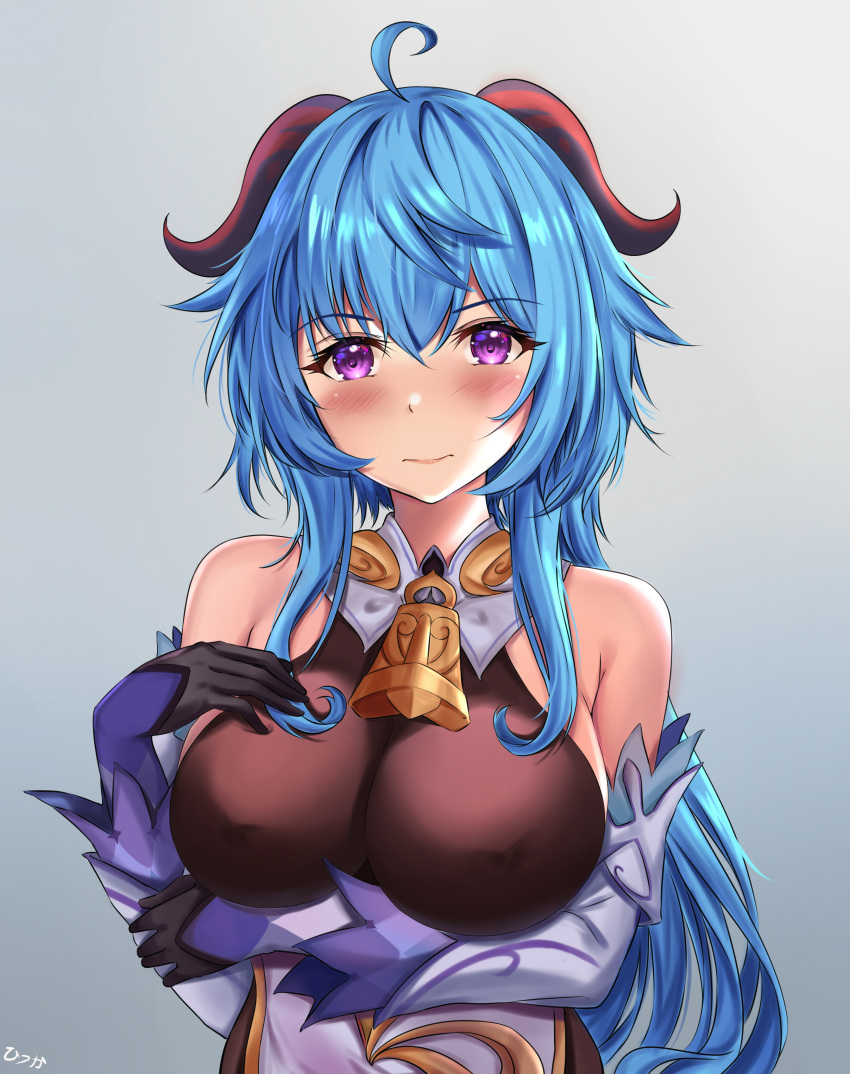 absurdres ahoge arm_under_breasts artist_name bangs bare_shoulders bell black_gloves blue_hair blush breasts detached_sleeves eyebrows_visible_through_hair ganyu_(genshin_impact) genshin_impact gloves gold_trim highres hisuka horns huge_filesize large_breasts long_hair looking_at_viewer neck_bell sidelocks solo violet_eyes white_sleeves