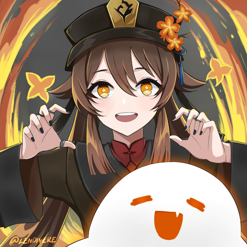 1girl :d bangs black_nails brown_hair bug butterfly chinese_clothes commentary_request eyebrows_visible_through_hair fire flower genshin_impact ghost ghost_pose grey_background hair_between_eyes hat hat_flower hat_ornament highres hu_tao_(genshin_impact) jewelry lendivere long_hair long_sleeves looking_at_viewer open_mouth ring sidelocks simple_background smile symbol-shaped_pupils twintails twitter_username yellow_eyes