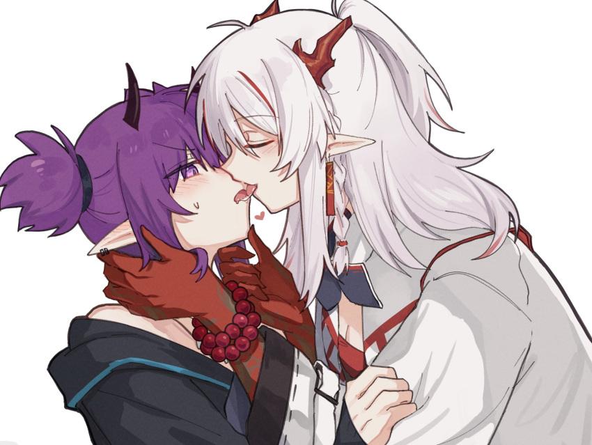 2girls arknights arm_tattoo bead_bracelet beads black_jacket blush bracelet braid closed_eyes colored_skin demon_horns dragon_horns ear_piercing french_kiss grabbing_another's_chin hand_on_another's_chin highres horns jacket jewelry kiss lava_(arknights) long_hair mabing multicolored_hair multiple_girls nian_(arknights) open_clothes open_jacket piercing pointy_ears ponytail purple_hair red_shirt red_skin redhead saliva saliva_trail shirt short_hair short_twintails sidelocks simple_background streaked_hair sweatdrop tattoo tongue tongue_out twintails violet_eyes white_background white_hair white_jacket yuri