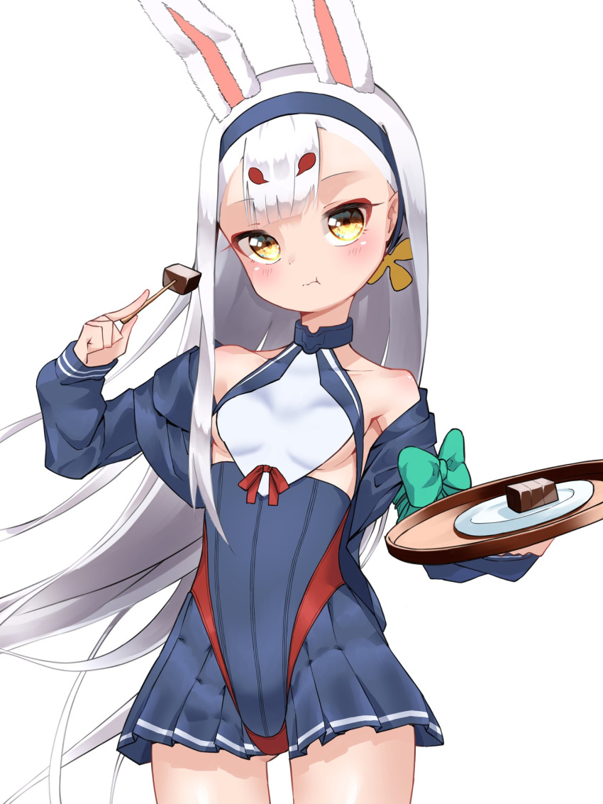 1girl :t animal_ears armpits azur_lane bangs blunt_bangs breasts collarbone commentary_request cropped_jacket eating eyebrows_visible_through_hair food hairband highres holding holding_food long_hair long_sleeves looking_at_viewer marimo_daifuku plate rabbit_ears shimakaze_(azur_lane) sideboob sidelocks simple_background small_breasts solo thick_eyebrows wagashi white_background white_hair yellow_eyes youkan_(food)