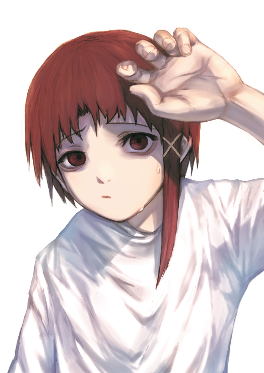 1girl absurdres asymmetrical_hair brown_eyes brown_hair closed_mouth dorothy_xi hair_ornament hairclip highres iwakura_lain looking_at_viewer serial_experiments_lain shirt short_hair simple_background solo white_background white_shirt x_hair_ornament