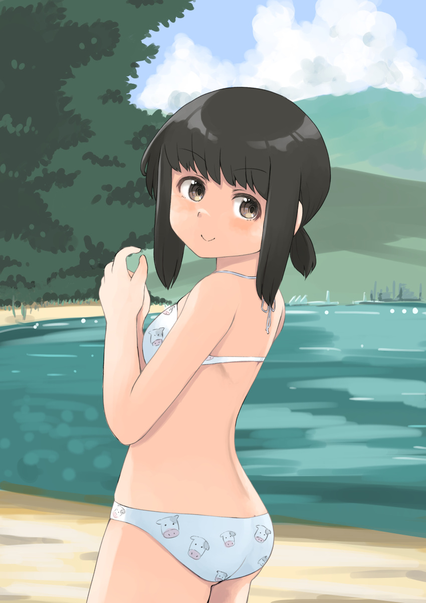 1girl absurdres animal_print ass bikini black_hair blue_sky brown_eyes clouds cow day from_behind fubuki_(kancolle) highres kantai_collection lake looking_at_viewer low_ponytail mountain outdoors ponytail short_hair short_ponytail sidelocks sky smile solo swimsuit toplow white_bikini