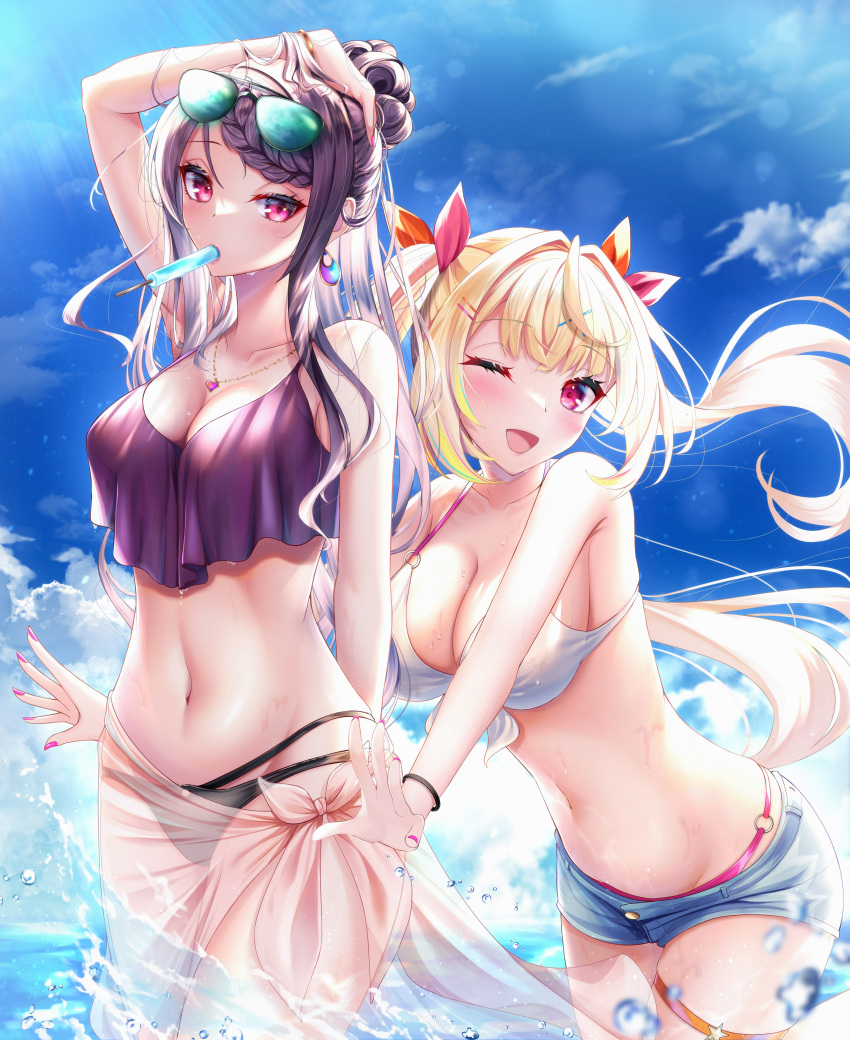 1girl 2girls absurdres bangs bare_shoulders bikini blonde_hair blush breasts eating eyebrows_visible_through_hair food gundou_mirei hair_ornament hair_ribbon highres hoshikawa_sara ice_cream large_breasts long_hair looking_at_viewer multiple_girls navel nijisanji open_mouth pink_nails purple_hair rai_(newtype_xm-x1) red_eyes ribbon shirt side_ponytail smile solo sunglasses swimsuit very_long_hair virtual_youtuber x_hair_ornament yellow_eyes