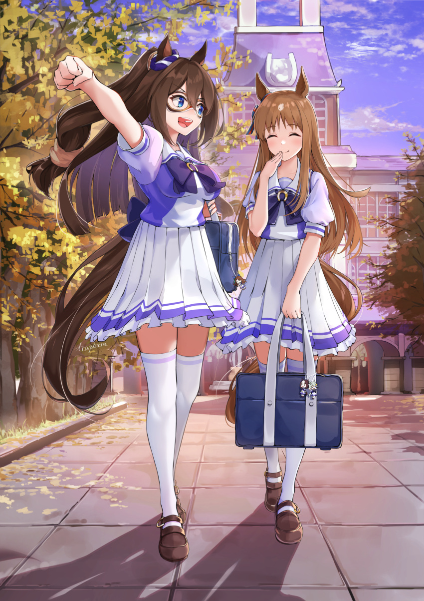 2girls animal_ears bag bow bowtie brown_footwear brown_hair commentary domino_mask el_condor_pasa_(umamusume) frilled_skirt frills grass_wonder_(umamusume) high_ponytail highres horse_ears horse_girl horse_tail horseshoe_ornament king_halo_(umamusume) loafers long_hair low-tied_long_hair mask multicolored_hair multiple_girls pleated_skirt puffy_short_sleeves puffy_sleeves purple_bow purple_neckwear purple_shirt sailor_collar sailor_shirt school_bag school_uniform seiun_sky_(umamusume) shirt shoes short_sleeves signature skirt smile special_week_(umamusume) summer_uniform tail thigh-highs tracen_academy tracen_school_uniform trapiorra two-tone_hair umamusume white_hair white_legwear white_skirt