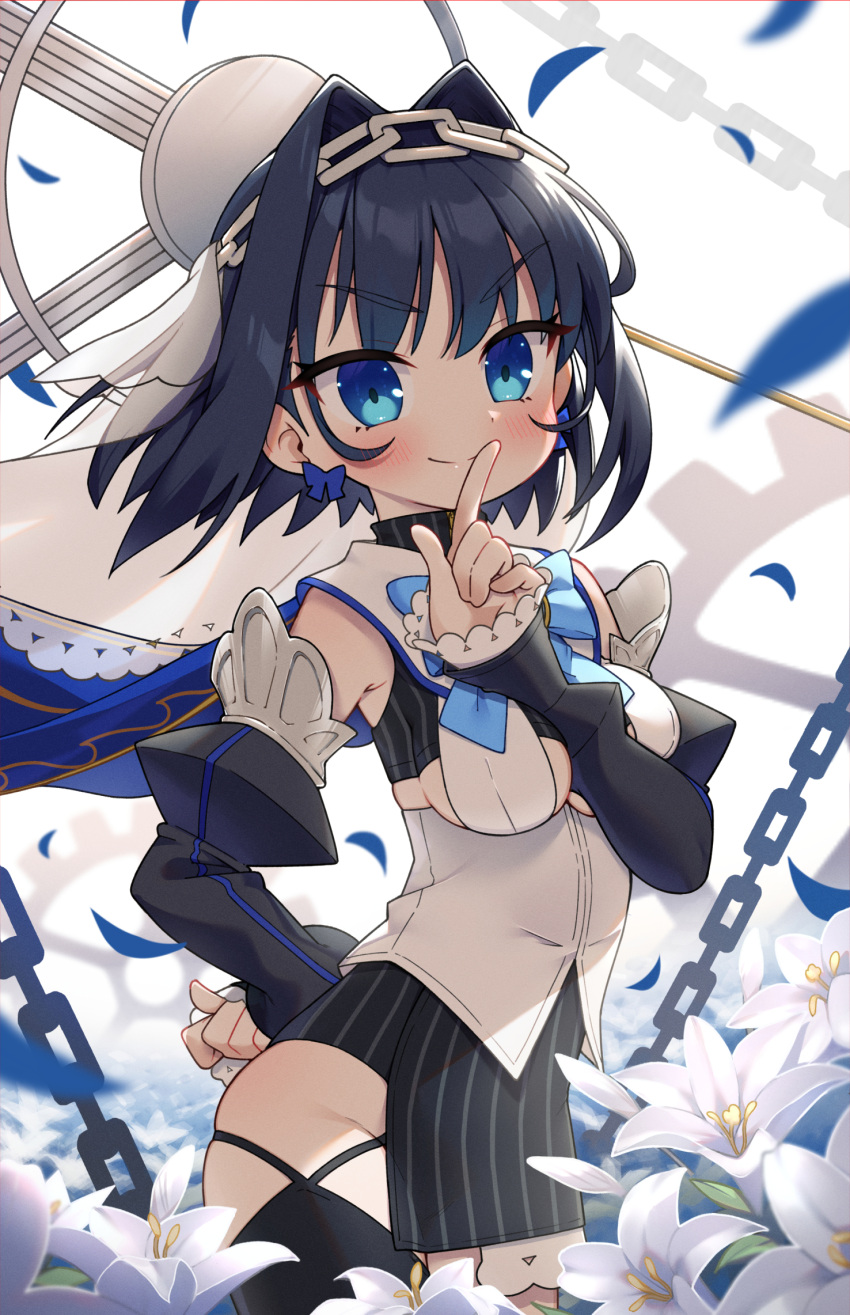 1girl bangs black_hair blue_eyes blush breasts chain detached_sleeves flower halo hand_on_hip highres hololive hololive_english lily_(flower) looking_at_viewer mj_nameraka ouro_kronii short_hair sleeves_past_wrists smile solo thigh-highs virtual_youtuber