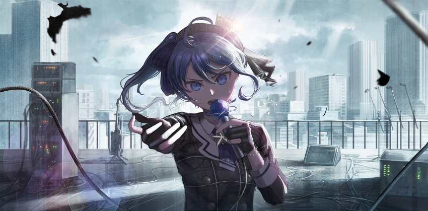 1girl bangs black_gloves blue_eyes blue_hair bracelet building crown gloves hat highres holding holding_microphone hololive hoshimachi_suisei jewelry looking_at_viewer magaoo12 microphone open_mouth outdoors partially_fingerless_gloves plaid_headwear solo virtual_youtuber wing_collar