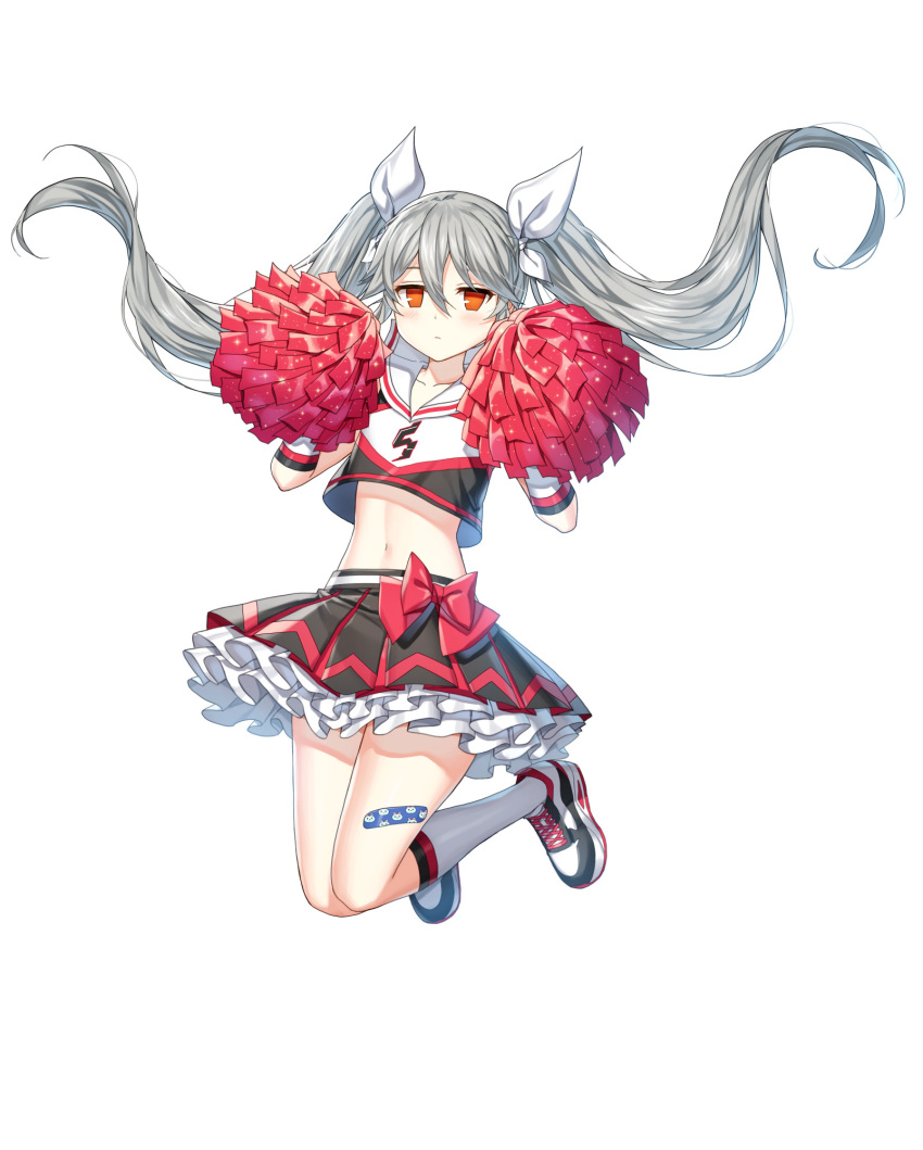 1girl artist_request bandaid black_shirt black_skirt cheerleader closed_mouth closers collarbone crop_top crop_top_overhang expressionless flat_chest floating_hair frilled_skirt frills grey_hair hair_ribbon highres holding jitome kneehighs legs_up long_hair looking_at_viewer midriff miniskirt navel official_art orange_eyes pleated_skirt pom_pom_(cheerleading) ribbon sailor_collar shirt shoes skirt sleeveless sleeveless_shirt sneakers solo stomach thighs tina_(closers) twintails very_long_hair white_legwear