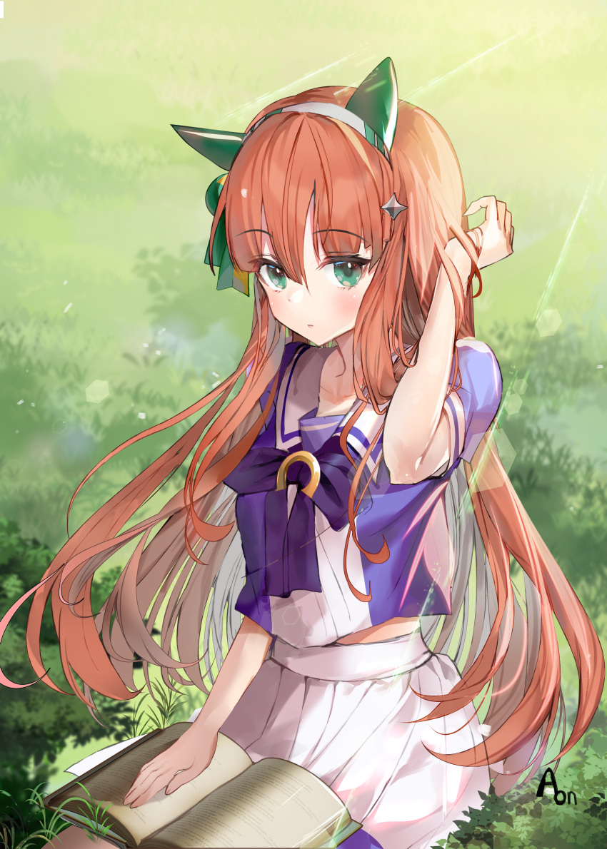 1girl a_(sofi3103) absurdres animal_ears arm_up bangs blush book bow brown_hair closed_mouth commentary day eyebrows_visible_through_hair green_eyes hair_between_eyes highres horse_ears long_hair looking_at_viewer on_grass open_book outdoors pleated_skirt puffy_short_sleeves puffy_sleeves purple_bow purple_shirt shirt short_sleeves signature silence_suzuka_(umamusume) sitting skirt solo umamusume very_long_hair white_skirt