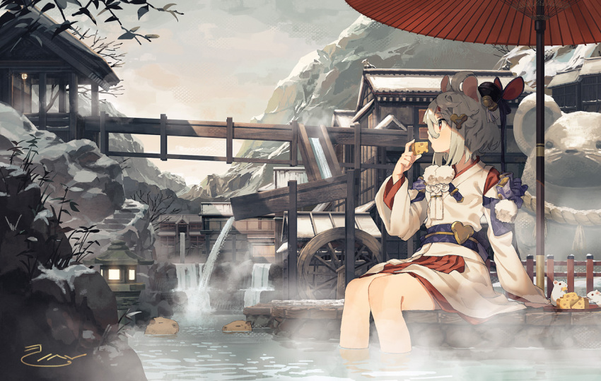1girl 2020 animal_ears bangs bell capybara cheese food hair_bell hair_ornament hair_ribbon holding holding_food japanese_clothes jingle_bell kimono kinshi leaf looking_to_the_side mountain mouse mouse_ears mouse_girl multicolored multicolored_clothes new_year obi onsen open_mouth original outdoors red_eyes ribbon rope sash shimenawa short_hair sitting sky snow soaking_feet solo statue water watermill white_hair wooden_bridge