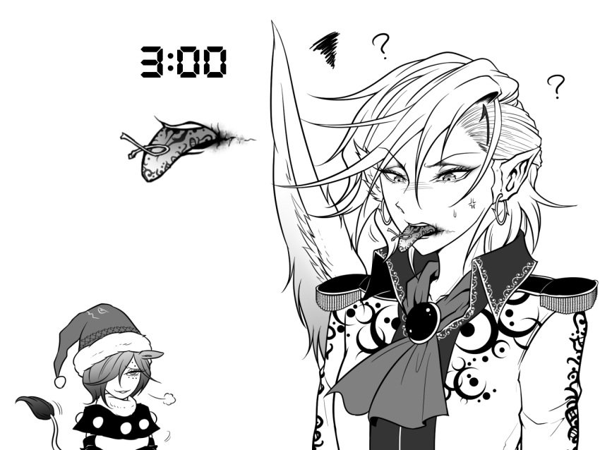 2girls ? angel_wings anger_vein animal_ears armor bangs brooch collared_shirt doremy_sweet earrings eyebrows_visible_through_hair greyscale hair_between_eyes hat jewelry kishin_sagume knot legacy_of_lunatic_kingdom monochrome multiple_girls neckwear open_mouth pauldrons pointy_ears pom_pom_(clothes) ryuuichi_(f_dragon) santa_hat shirt shoulder_armor simple_background single_wing smug squiggle sweatdrop symbol-only_commentary tail tapir_ears tapir_tail timestamp tongue tongue_out tongue_tattoo touhou white_background wings