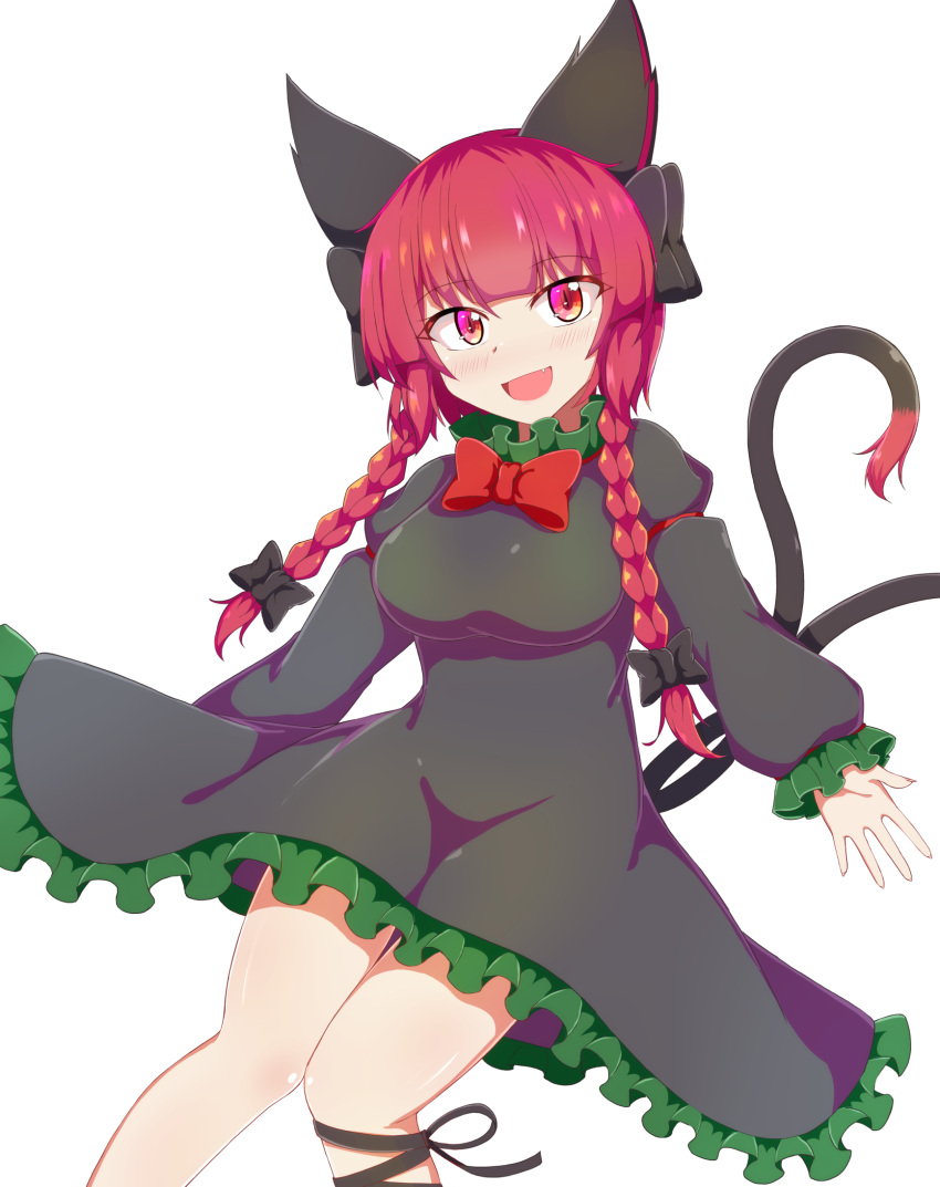 1girl :d animal_ears bangs black_bow black_dress black_ribbon bow bowtie braid breasts cat_ears cat_tail commentary_request dress eyebrows_visible_through_hair fang hair_bow highres juliet_sleeves kaenbyou_rin large_breasts leg_ribbon long_hair long_sleeves looking_at_viewer multiple_tails nekomata open_mouth puffy_sleeves red_bow red_bowtie red_eyes redhead ribbon seo_haruto simple_background slit_pupils smile solo tail touhou twin_braids two_tails white_background