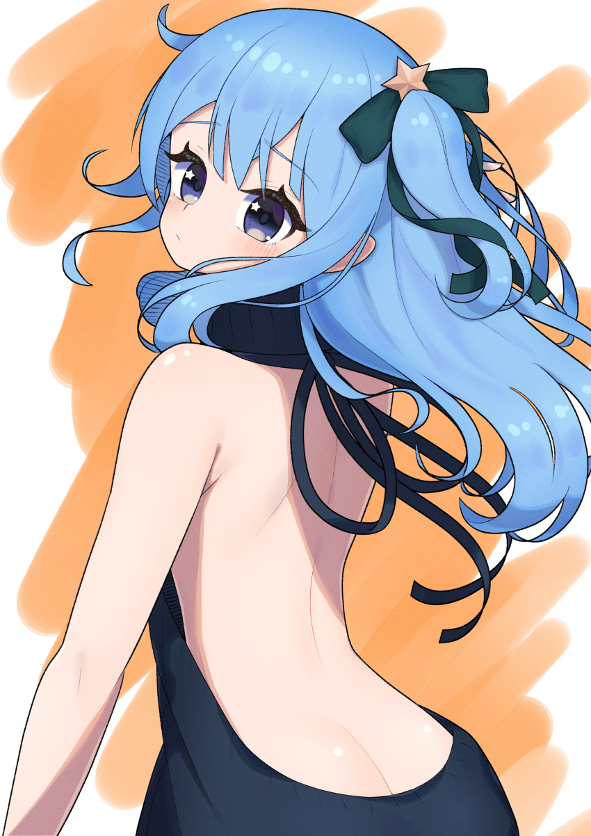 1girl absurdres bangs bare_back bare_shoulders blue_hair commentary_request eyebrows_visible_through_hair hair_ribbon highres hololive hoshimachi_suisei huge_filesize looking_at_viewer lunch_boxer meme_attire one_side_up ribbon sidelocks solo star_(symbol) star_in_eye symbol_in_eye violet_eyes virgin_killer_sweater virtual_youtuber