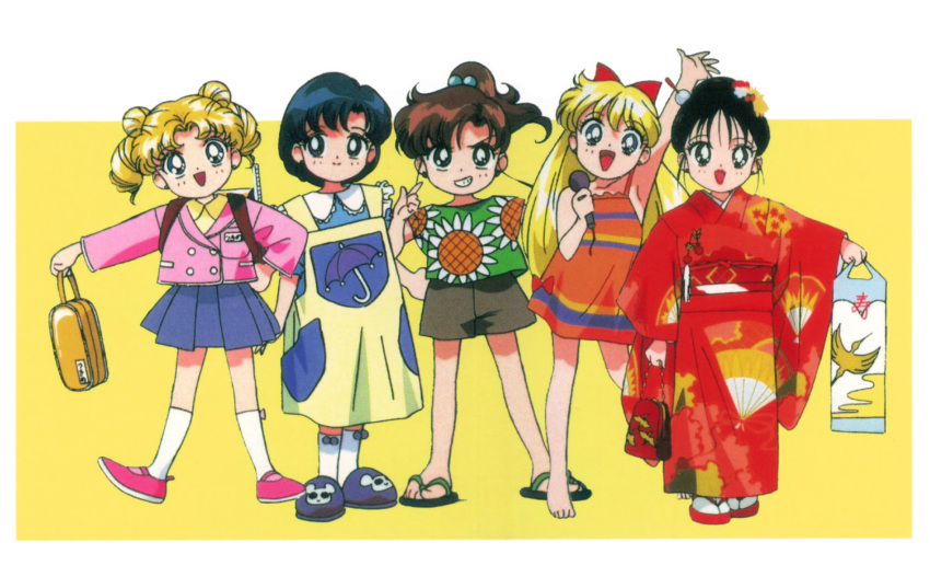 1990s_(style) 5girls aino_minako bangs barefoot bishoujo_senshi_sailor_moon black_eyes black_hair blonde_hair blue_eyes blue_hair blue_skirt bow briefcase brown_hair casual child double_bun dress earrings fan_print floral_print green_eyes grin hair_bobbles hair_bow hair_ornament highres hino_rei holding holding_briefcase japanese_clothes jewelry kimono kino_makoto long_hair looking_back miniskirt mizuno_ami mouse_print multiple_girls official_art open_mouth pink_footwear pleated_skirt retro_artstyle sandals scan short_hair shorts skirt slippers smile standing stud_earrings sundress tsukino_usagi twintails umbrella_print updo wide_sleeves younger