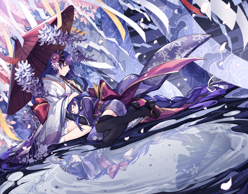 2girls black_legwear bow braid braided_ponytail cherry_blossoms genshin_impact hair_bow hair_ornament hair_ribbon highres hizuki_miya japanese_clothes kimono long_hair low-tied_long_hair low_ponytail lying lying_on_person multiple_girls obi oil-paper_umbrella on_side petals purple_hair raiden_makoto raiden_shogun reflection ribbon sash siblings single_braid sleeping sleeping_on_person thigh-highs twins umbrella violet_eyes vision_(genshin_impact) zettai_ryouiki