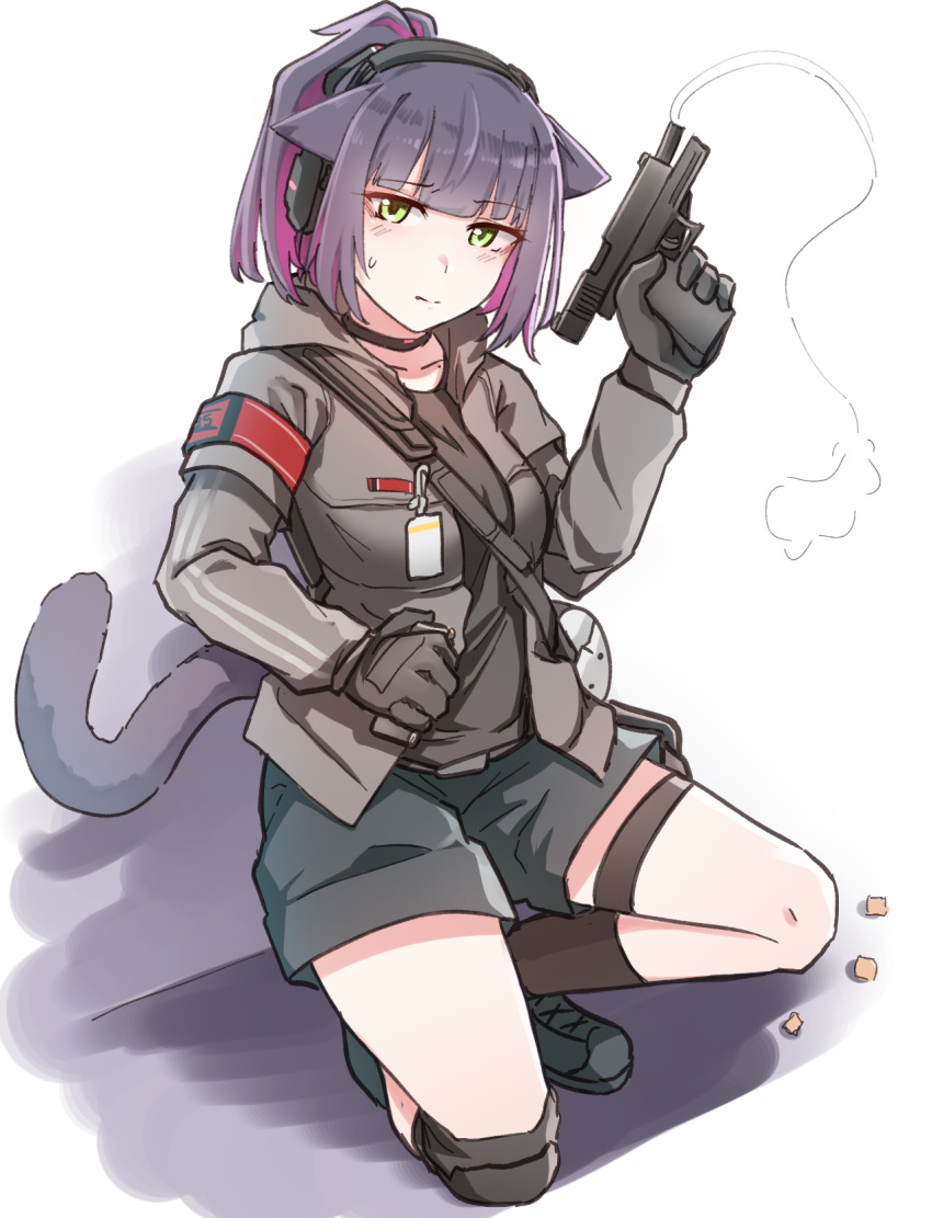 1girl animal_ears arknights black_choker black_footwear black_gloves black_legwear black_shirt black_shorts blue_hair breasts cat_ears cat_girl cat_tail choker collarbone colored_inner_hair commentary eyebrows_visible_through_hair gloves green_eyes grey_jacket gun handgun headset highres holding holding_gun holding_weapon implied_extra_ears jacket jessica_(arknights) k0ng looking_at_viewer medium_breasts multicolored_hair open_clothes open_jacket pink_hair pistol shadow shirt shoes shorts simple_background smoke smoking_gun socks solo squatting sweatdrop tail thigh_strap weapon white_background