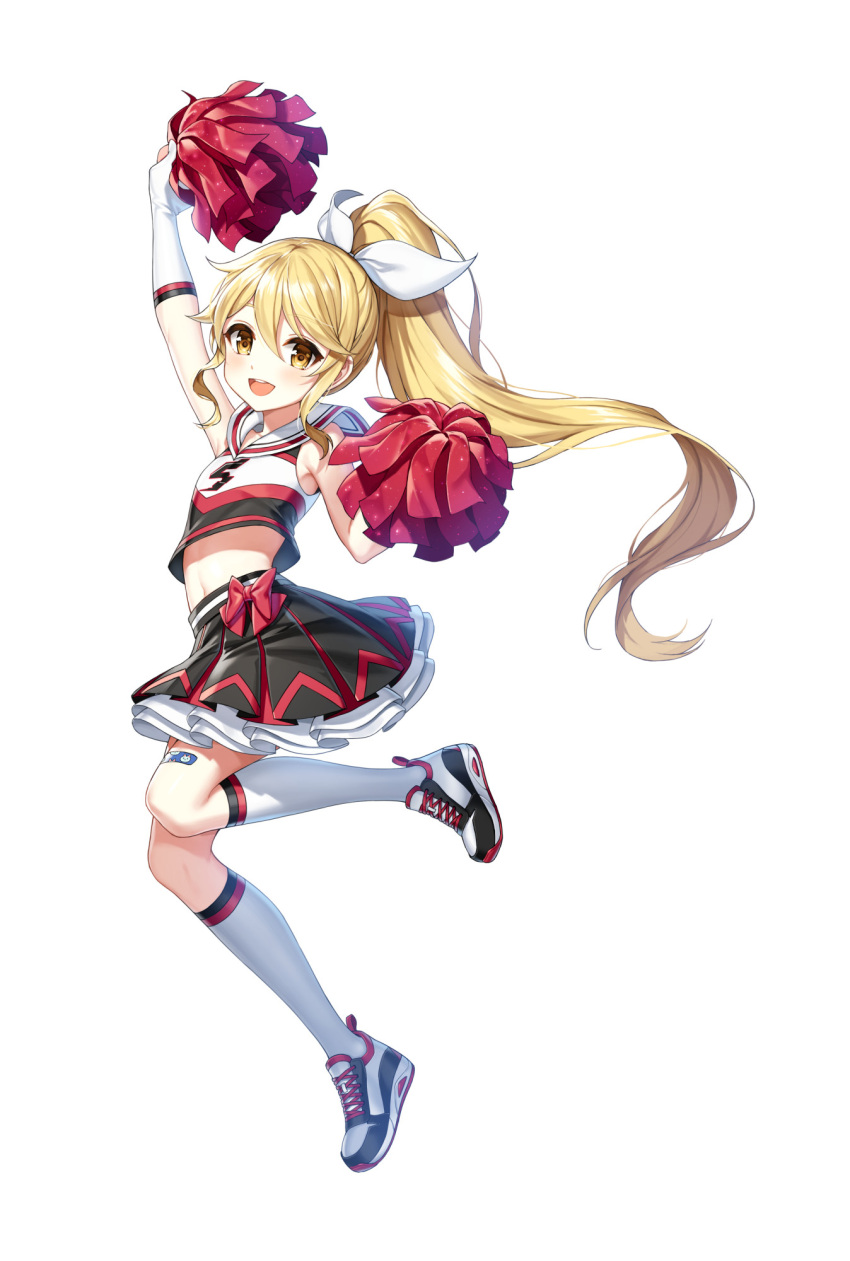 1girl :d arm_up armpits artist_request bandaid bare_shoulders black_shirt black_skirt blonde_hair closers crop_top crop_top_overhang flat_chest full_body gloves hair_ribbon highres holding kneehighs leg_up long_hair looking_at_viewer lucy_(closers) midriff miniskirt navel official_art open_mouth pleated_skirt pom_pom_(cheerleading) ponytail ribbon sailor_collar shirt shoes sidelocks skirt sleeveless sleeveless_shirt smile sneakers solo stomach very_long_hair white_gloves white_legwear yellow_eyes