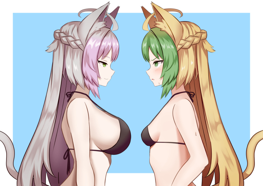 2girls ahoge animal_ears atalanta_(alter)_(fate) atalanta_(fate) bikini black_bikini blonde_hair braid breasts cat_ears fate/grand_order fate_(series) french_braid green_eyes green_hair grey_hair large_breasts long_hair multicolored_hair multiple_girls purple_hair size_difference small_breasts swimsuit upper_body yuzu_kiro