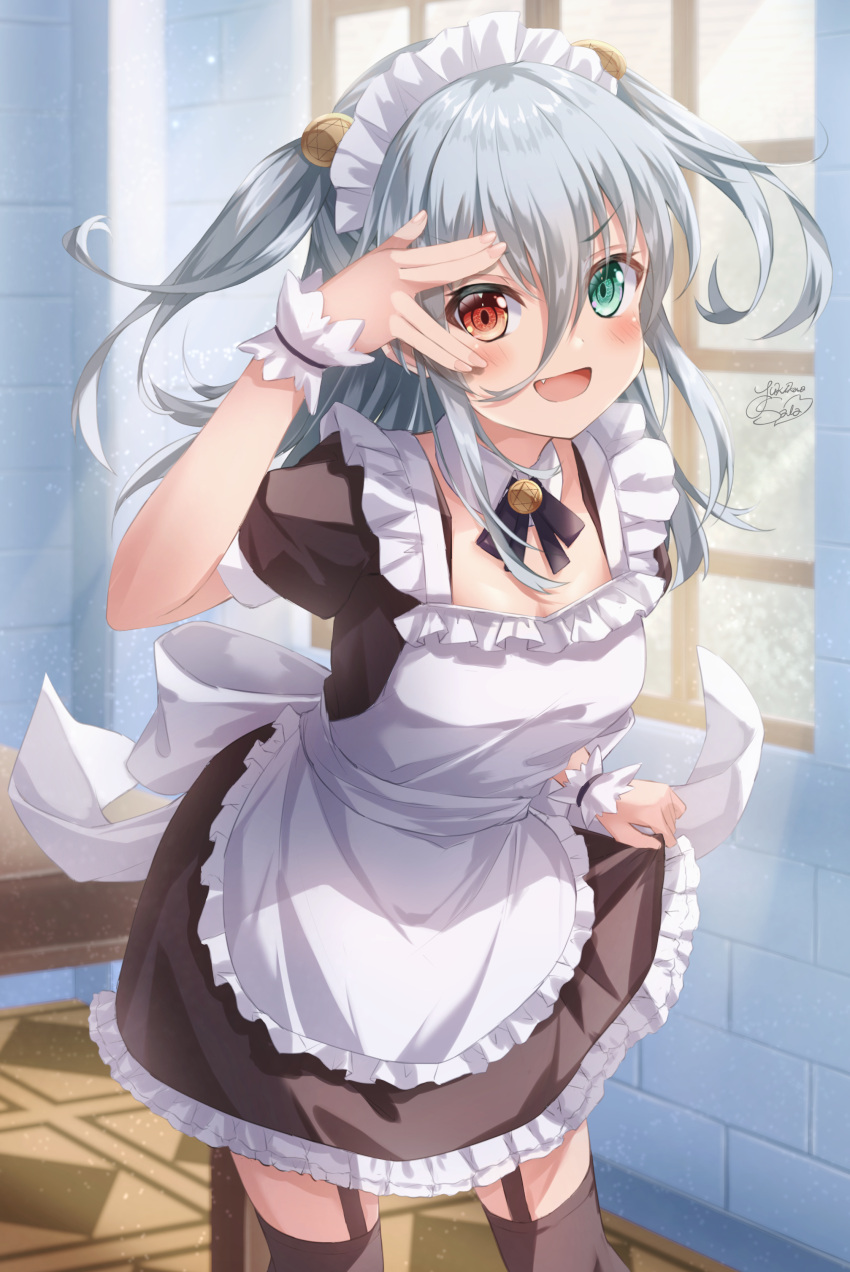 1girl :d absurdres apron arm_up bangs black_dress black_legwear blush collar commentary_request detached_collar dress eyebrows_visible_through_hair fang feet_out_of_frame frilled_apron frilled_dress frills garter_straps green_eyes grey_hair hair_between_eyes heterochromia highres indoors long_hair maid maid_apron maid_headdress open_mouth original puffy_short_sleeves puffy_sleeves red_eyes short_sleeves signature smile solo standing table thigh-highs white_collar window wing_collar wrist_cuffs yukikawa_sara
