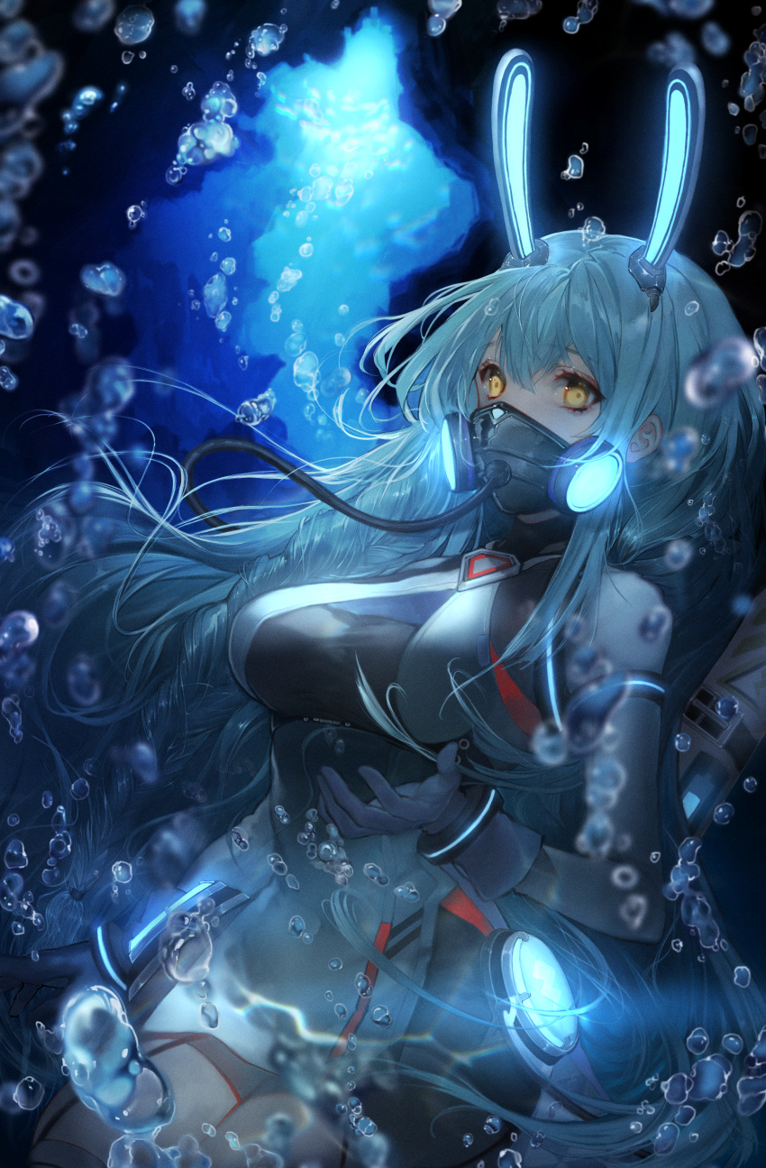 1girl absurdres air_bubble animal_ears azur_lane blue_hair boise_(azur_lane) breasts bubble covered_mouth dress fake_animal_ears gloves glowing glowing_ears highres huge_filesize large_breasts light_blue_hair limi long_hair looking_at_viewer mechanical_ears microdress oxygen_mask oxygen_tank rabbit_ears scuba_tank solo thigh-highs underwater very_long_hair white_gloves yellow_eyes