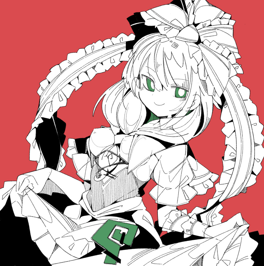 1girl bangs breasts bright_pupils closed_mouth dress frilled_ribbon frills front_ponytail green_eyes hair_ribbon highres kagiyama_hina limited_palette long_hair massakasama medium_breasts red_background ribbon simple_background skirt_hold smile solo touhou upper_body wrist_ribbon