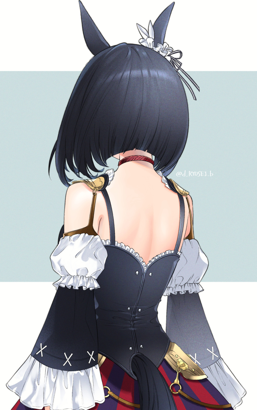 1girl animal_ears armor arms_at_sides bare_shoulders black_hair bob_cut choker clothing_cutout colored_stripes cowboy_shot detached_sleeves eishin_flash_(umamusume) faulds frilled_sleeves frills from_behind highres horse_ears horse_girl horse_tail long_sleeves puzzle157xxx red_choker short_hair shoulder_armor skirt solo striped tail tail_cutout twitter_username two-tone_background umamusume vertical-striped_skirt vertical_stripes