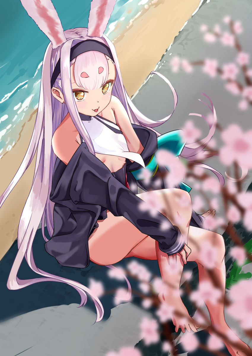 1girl :p absurdres animal_ears azur_lane bangs beach blunt_bangs blurry branch breasts cherry_blossoms commentary_request depth_of_field extra_ears eyebrows_visible_through_hair from_above highres long_hair long_sleeves looking_at_viewer looking_up rabbit_ears shimakaze_(azur_lane) sidelocks silver_hair sitting smile solo thick_eyebrows tongue tongue_out under_boob yellow_eyes yuzu_minari