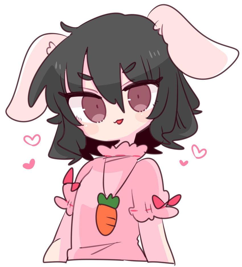 1girl animal_ears black_hair carrot carrot_necklace dress floppy_ears frilled_dress frilled_sleeves frills highres inaba_tewi jewelry op_na_yarou pendant pink_dress puffy_short_sleeves puffy_sleeves rabbit_ears rabbit_girl rabbit_tail red_eyes ribbon-trimmed_dress short_hair short_sleeves simple_background tail touhou white_background