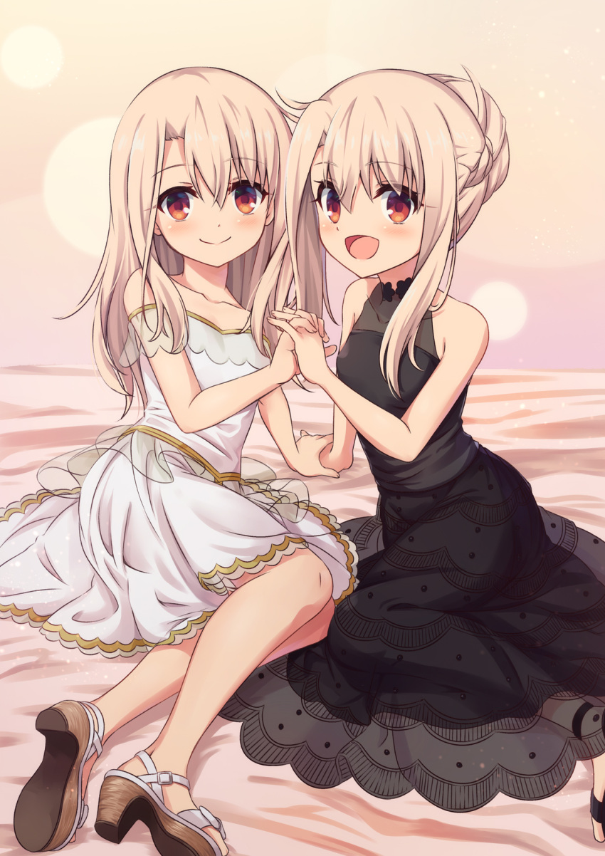 2girls :d bangs bare_arms bare_shoulders bed_sheet black_dress blonde_hair blush braid collarbone commentary crown_braid dress dual_persona eyebrows_visible_through_hair fate/kaleid_liner_prisma_illya fate_(series) hair_between_eyes hair_up high_heels highres holding_hands illyasviel_von_einzbern interlocked_fingers looking_at_viewer morokoshi_(tekku) multiple_girls off-shoulder_dress off_shoulder open_mouth red_eyes shoes sitting sleeveless sleeveless_dress smile white_dress